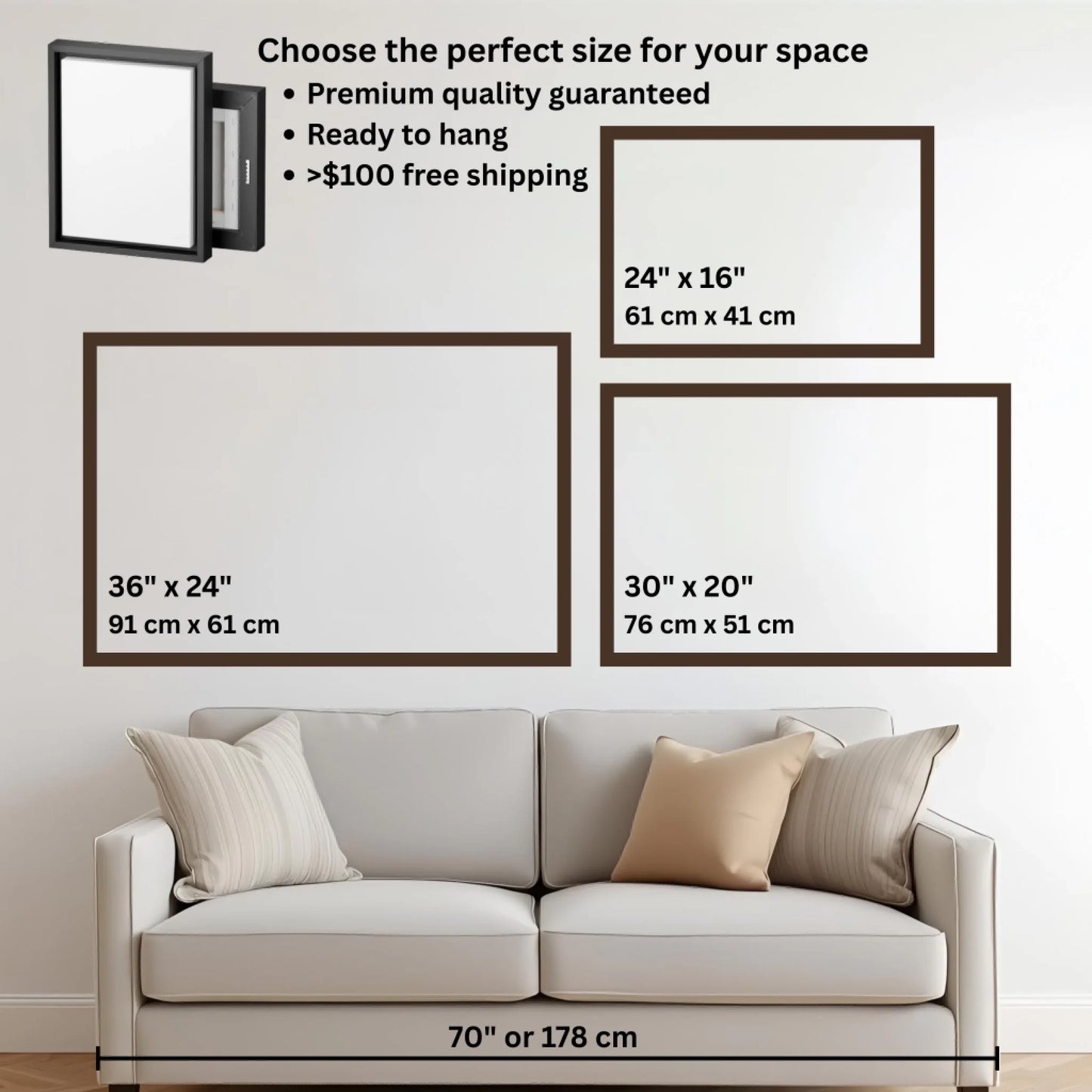 Mockup size chart with couch horizontal frame 36 x 24