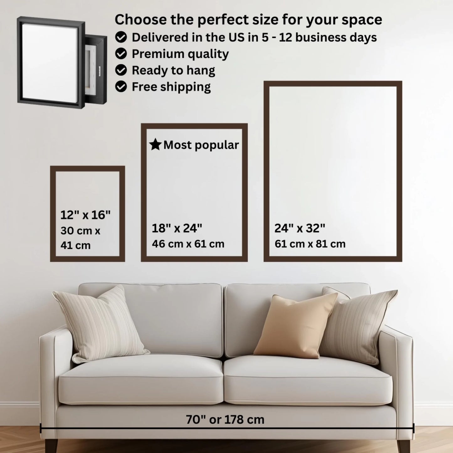 Mockup size chart with couch small vertical frame