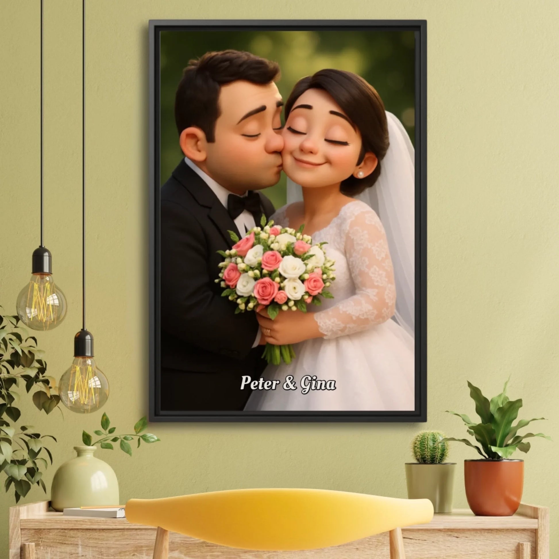 3D cartoon bride and groom mockup