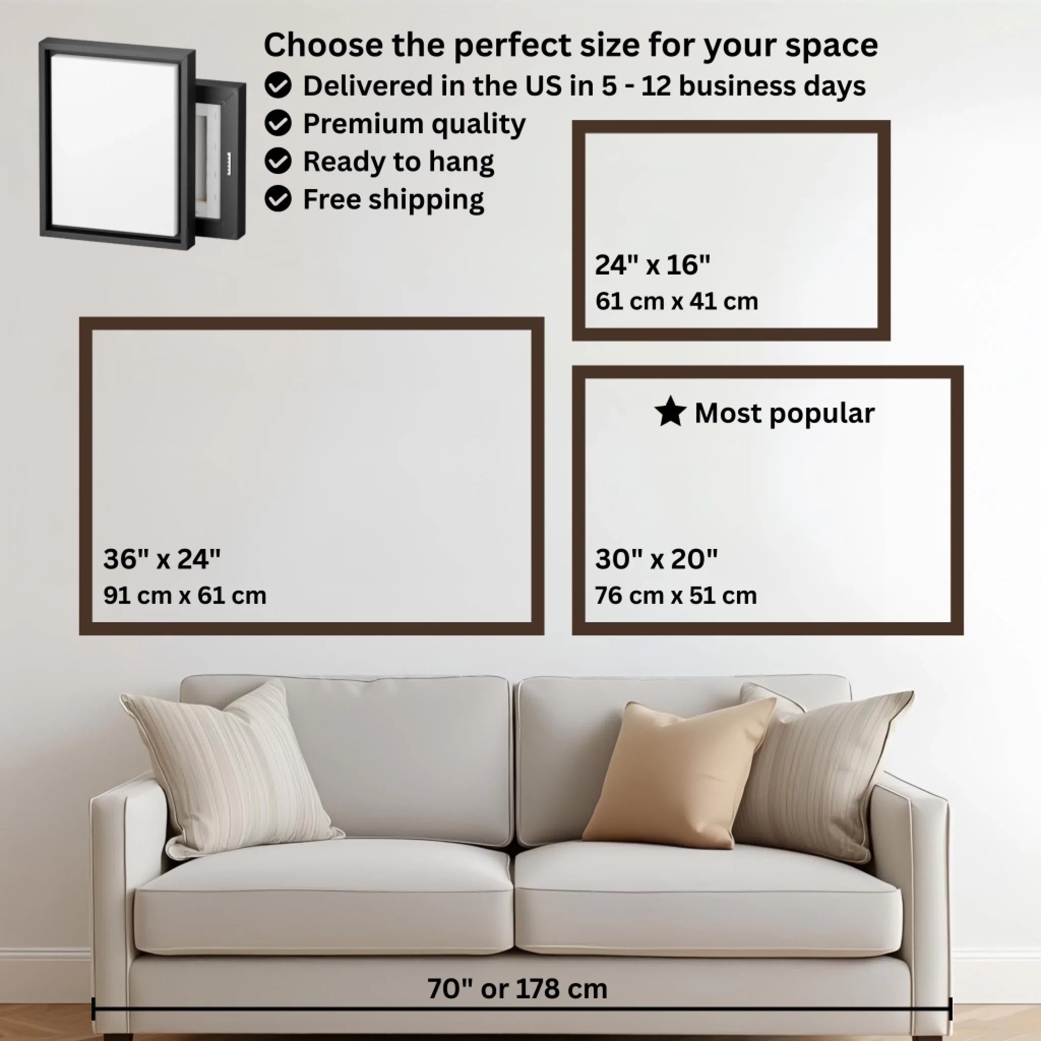 Mockup size chart with couch horizontal frame