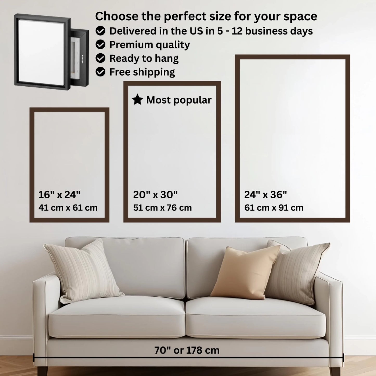 Mockup size chart with couch vertical frame